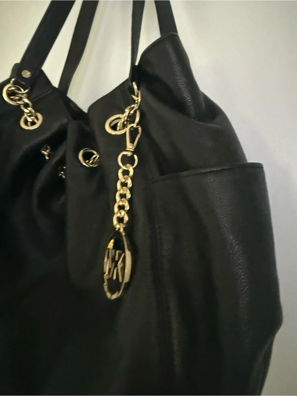 Michael Kors Black Leather Satchel with Gold-Tone MK Charm